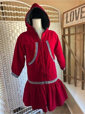 Vintage Red Alaskan Kuspuk Jacket Coat Corduroy Hooded Pockets Womens S - M